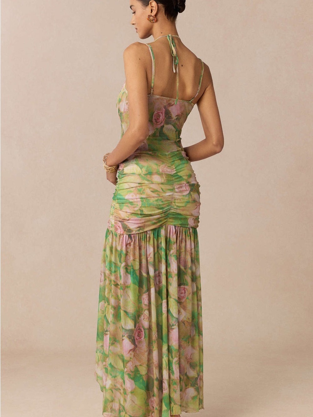 NWT Floral Fairycore Green Pink Mesh Ruched Maxi Dress - Picture 11 of 12